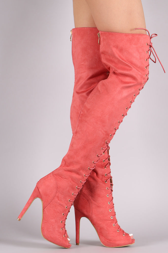Suede Peep Toe Lace Up Stiletto Over-The-Knee Boots