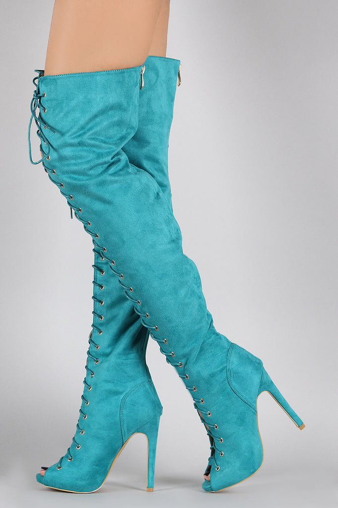 Suede Peep Toe Lace Up Stiletto Over-The-Knee Boots