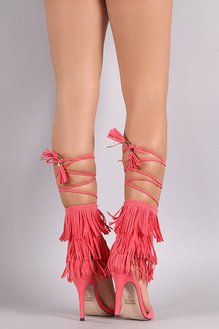 Fringe Cuff Tassel Lace Up Open Toe Heel