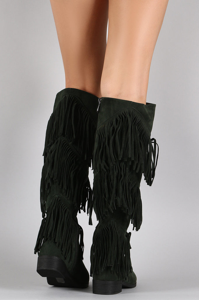 Suede Layered Fringe Round Toe Knee High Boots