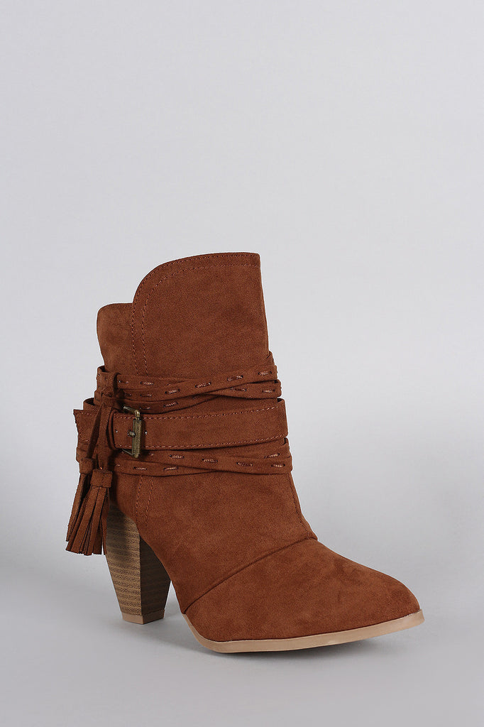 Qupid Suede Strappy Buckle Chunky Stacked Heeled Booties