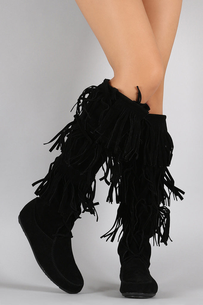 Lace Up Suede Fringe Knee High Boots