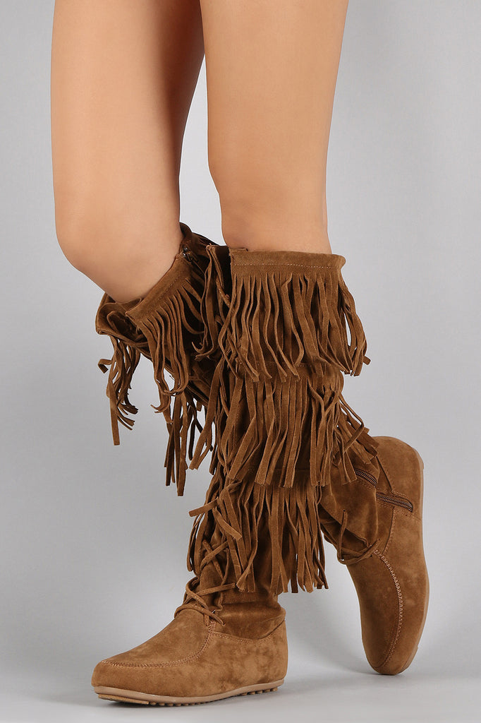 Lace Up Suede Fringe Knee High Boots
