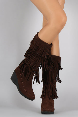 Suede Layered Fringe Moccasin Wedge Boots