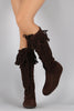 Lace Up Fringe Cuff Vegan Suede Moccasin Boots