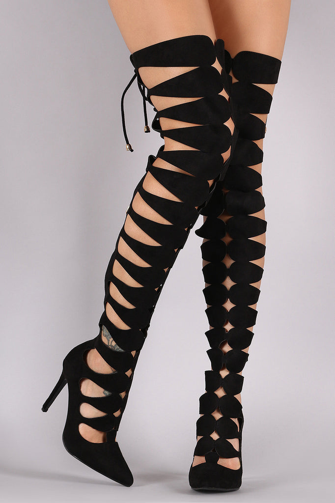 Suede Keyhole Cutout Pointy Toe Lace Up Stiletto Boots