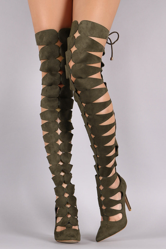 Suede Keyhole Cutout Pointy Toe Lace Up Stiletto Boots