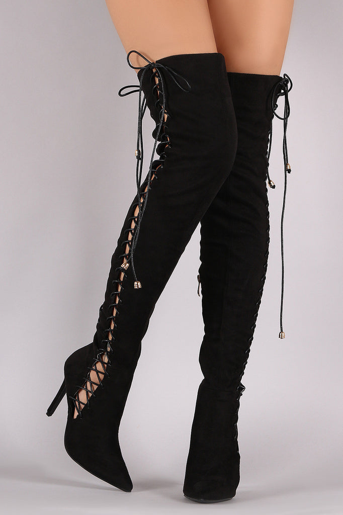 Suede Corset Lace Up Pointy Toe Stiletto Over-The-Knee Boots