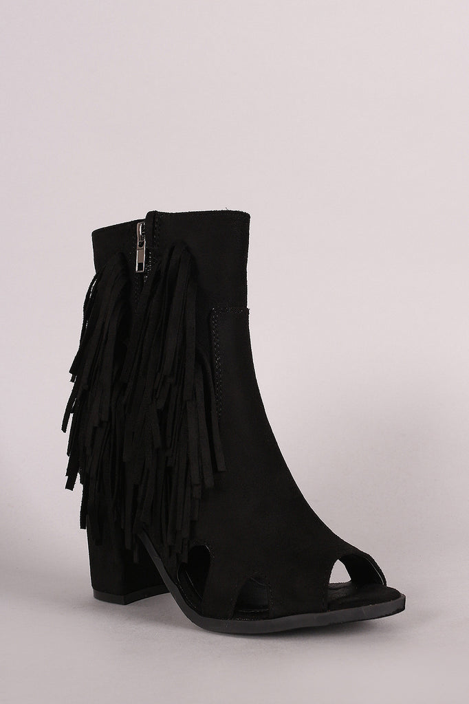 Suede Zipper And Fringe Chunky Heeled Ankle Boots
