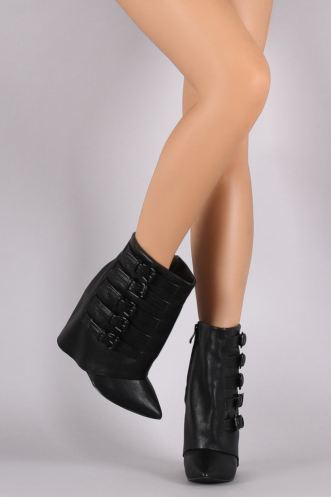 Buckled Pointy Toe Fold Down Shaft Wedge Booties