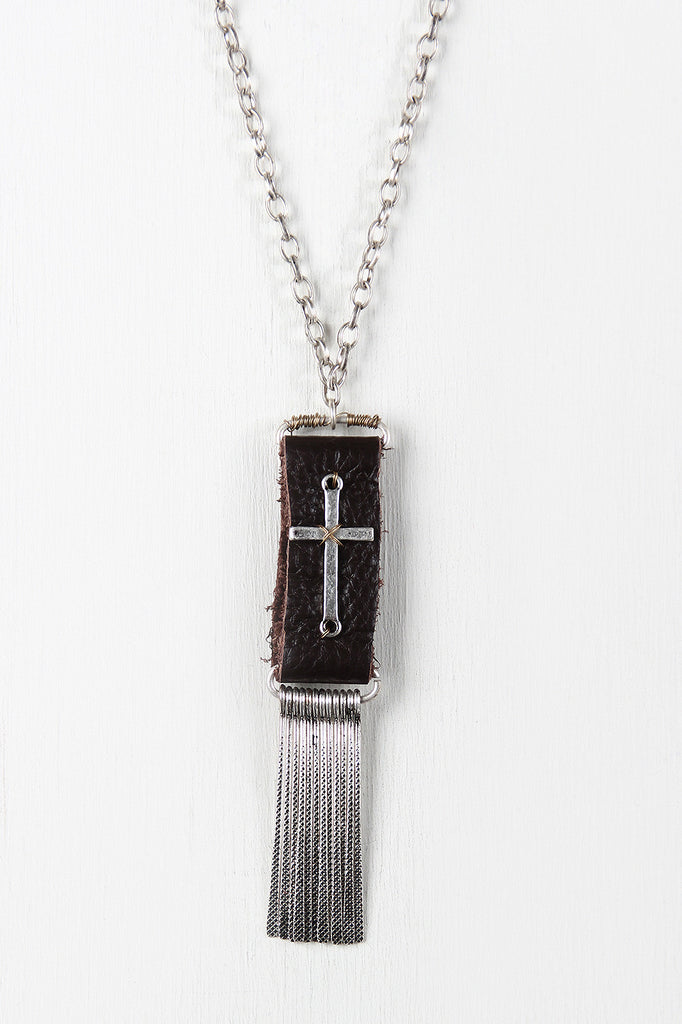 Leather And Cross Pendant Necklace