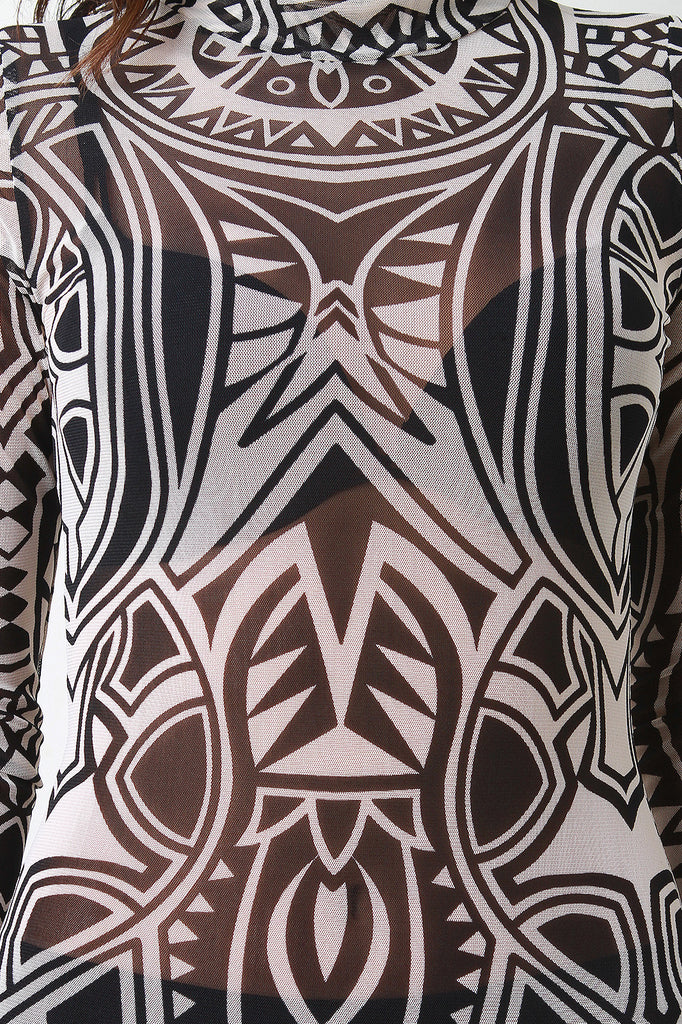 Semi-Sheer Tribal Print Bodycon Dress