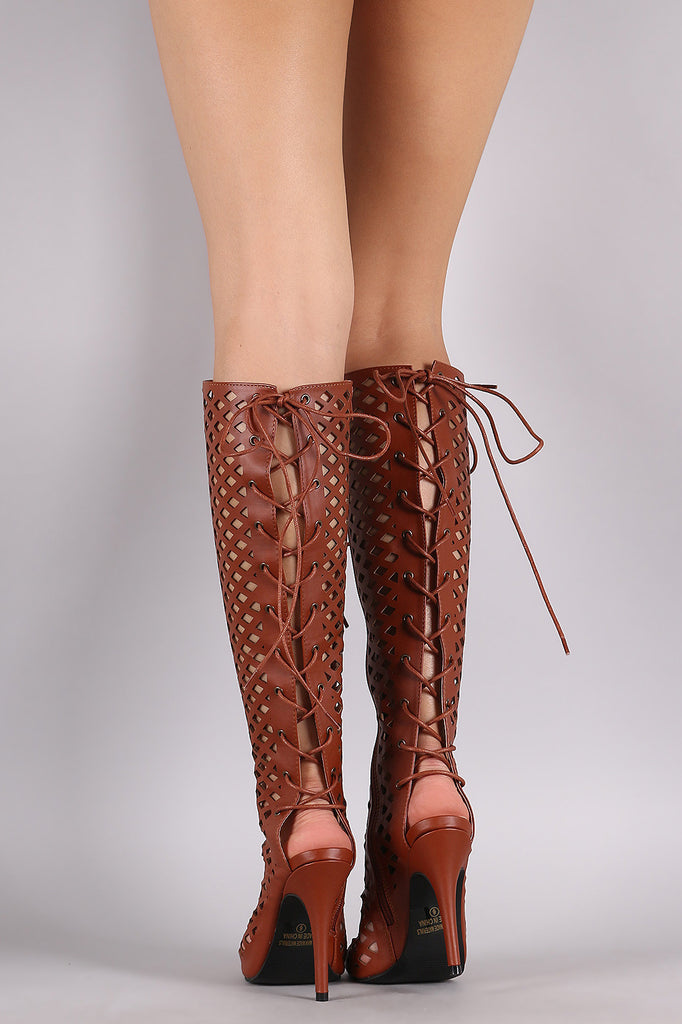 Perforated Peep Toe Lace Up Knee High Boots