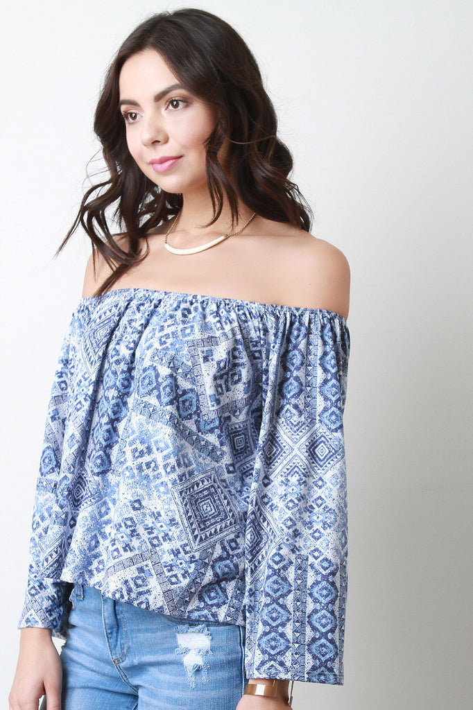 Tribal Off-The-Shoulder Bell Sleeve Blouse Top