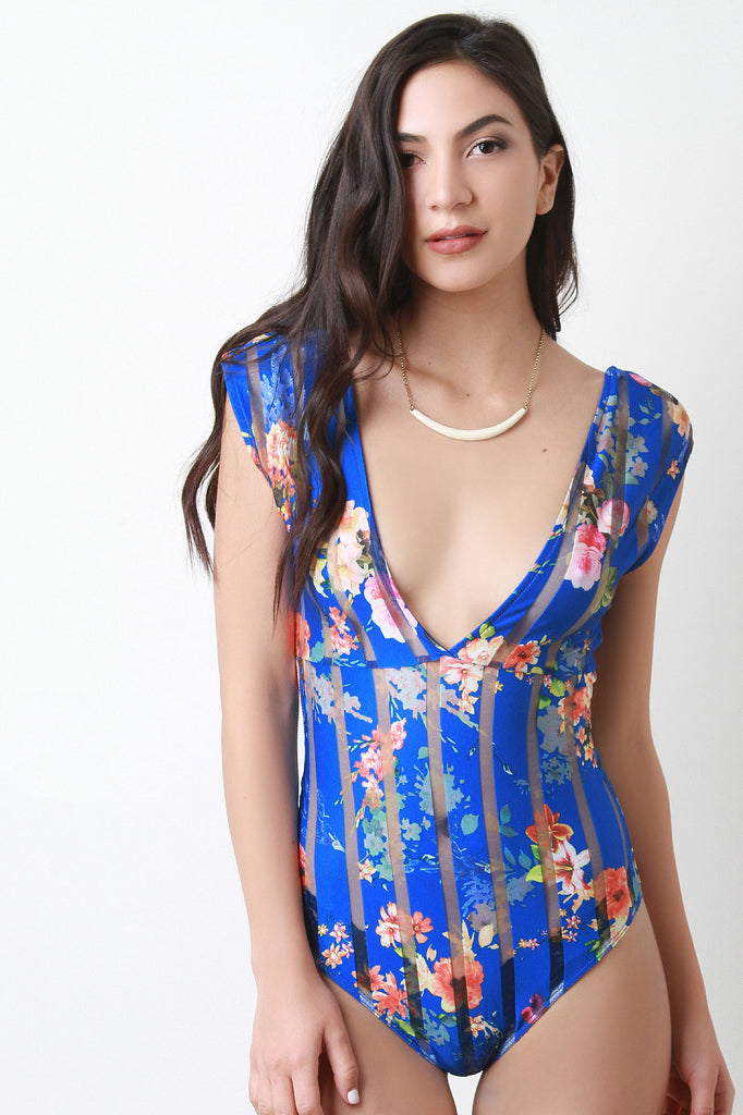 Plunging V-Neck Semi-Sheer Floral Bodysuit