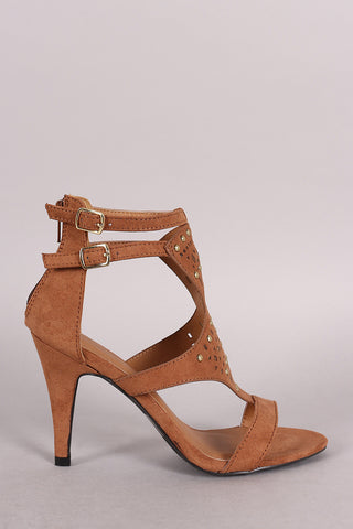 Qupid Suede Perforated And Studded Open Toe Heel