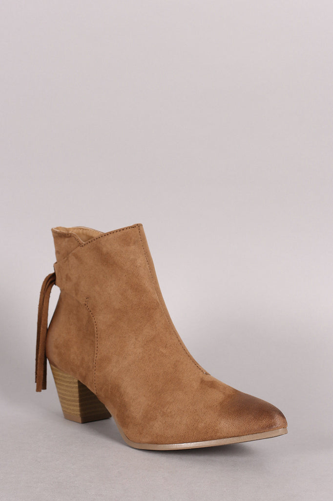 Qupid Suede Fringe Pointy Toe Chunky Heeled Booties