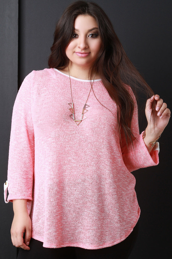 Loose Knit Button Tab Quarter Sleeve Top