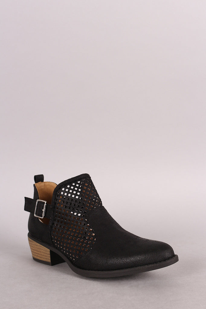 Qupid Perforated Suede Buckled Cowgirl Booties