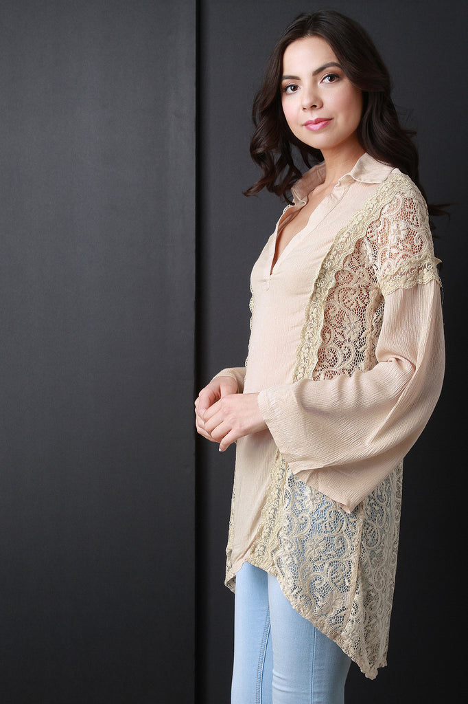 High Low Lace Long Bell Sleeve Top