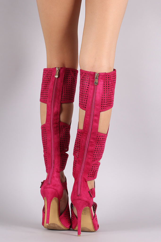 Suede Perforated Cutout Stiletto Knee High Boots