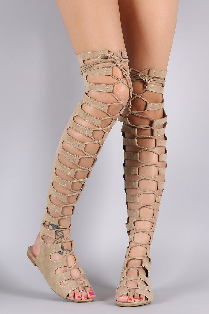 Suede Cutout Lace Up Boot Sandal