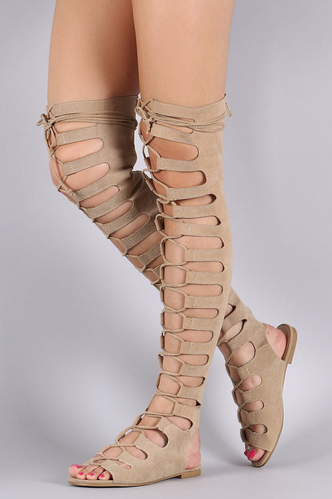 Suede Cutout Lace Up Boot Sandal