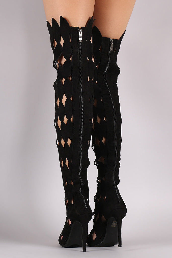 Suede Geometric Cutout Over-The-Knee Boots