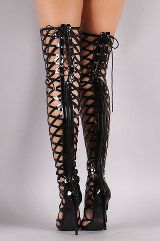 Patent Caged Back Lace-Up Over-The-Knee Stiletto Boots