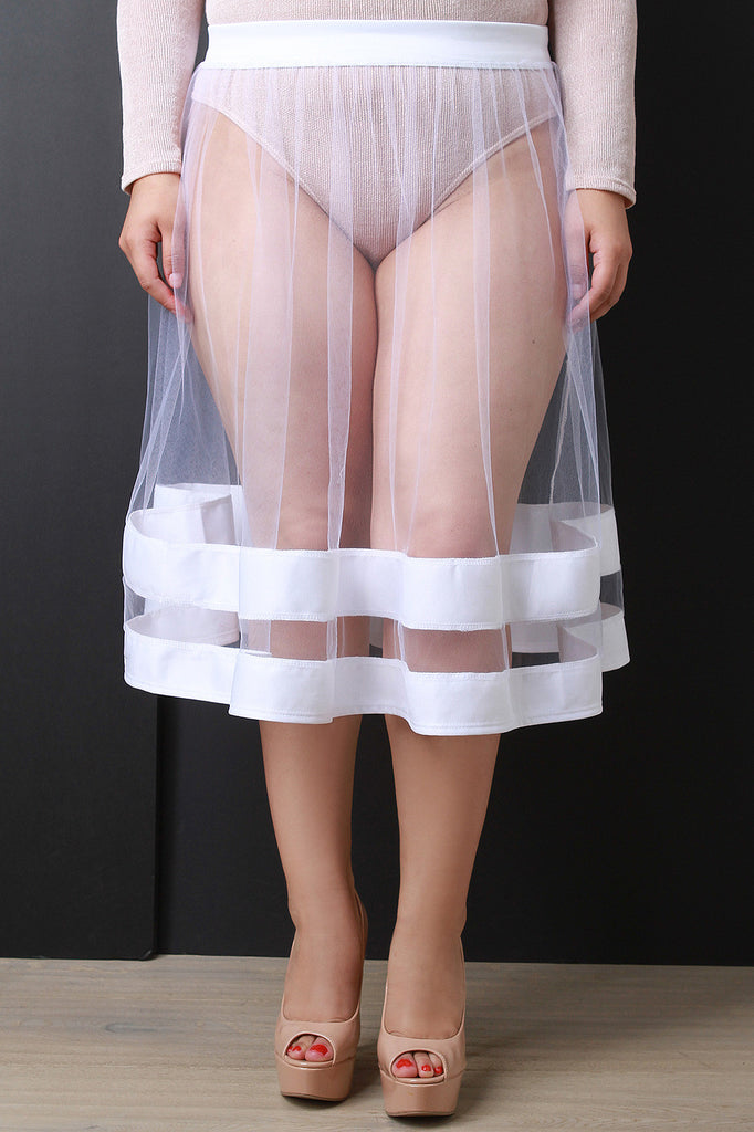 Sheer Mesh Contrast Hem Midi Skirt