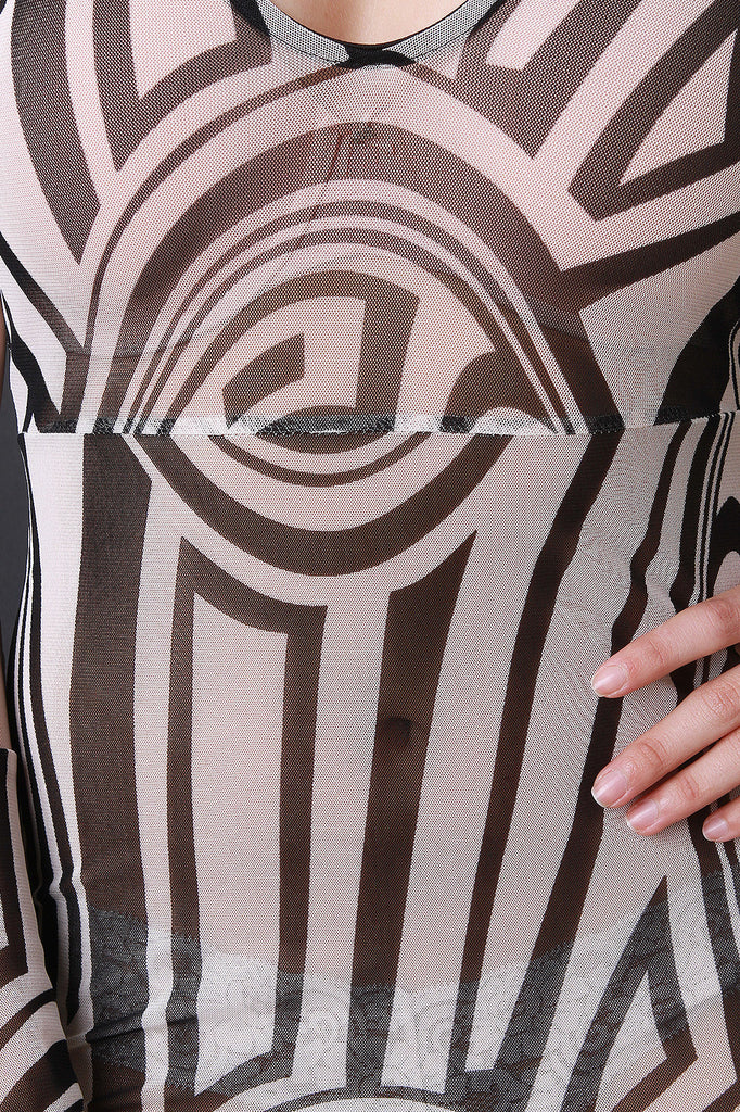 Semi-Sheer Patterned Mesh Choker Midi Dress