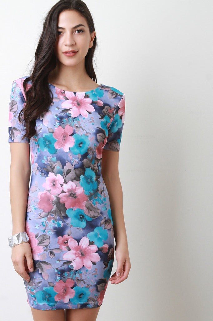 Floral Deep V-Back Mini Bodycon Dress