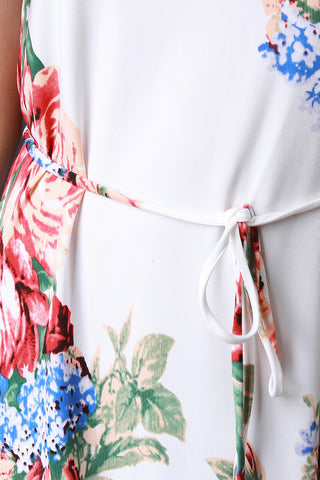 Floral Print Deep Slit Sleeveless Waist-Tie Maxi Dress