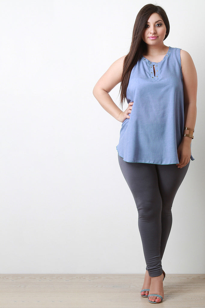 Keyhole Grommet Sleeveless Flowy Top