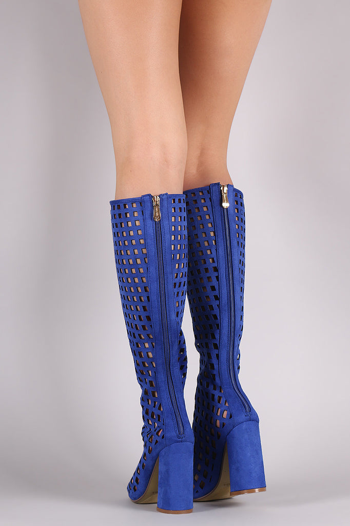 Suede Perforated Peep Toe Chunky Heeled Boots