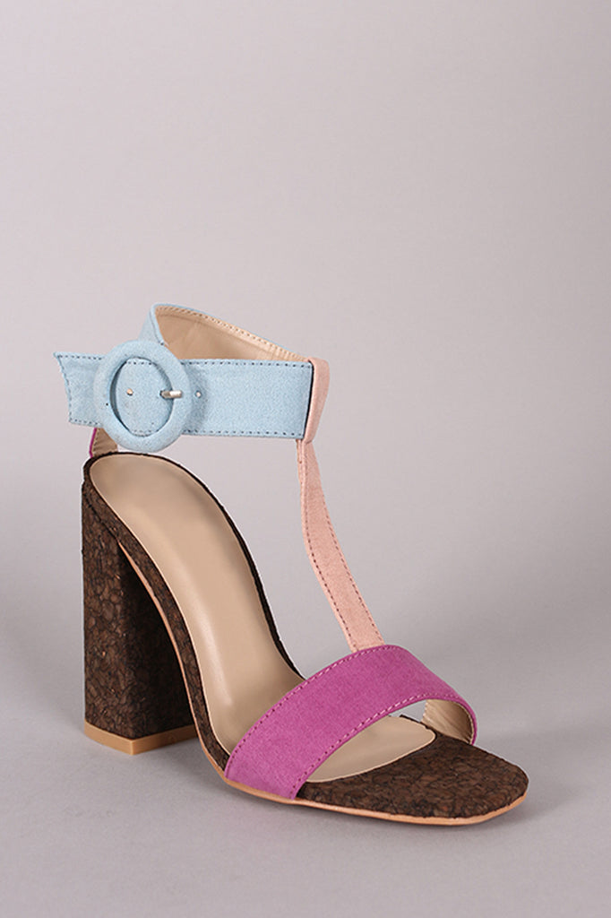 Color Block T Strap Chunky Cork Heel