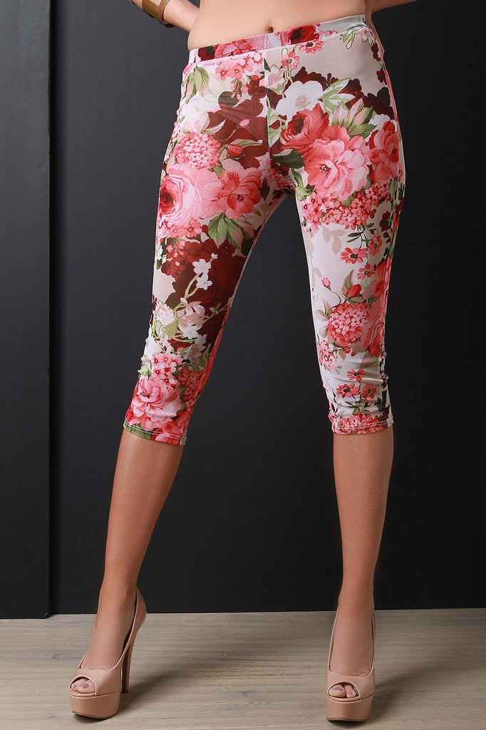 Semi-Sheer Mesh Floral Print Capri Leggings