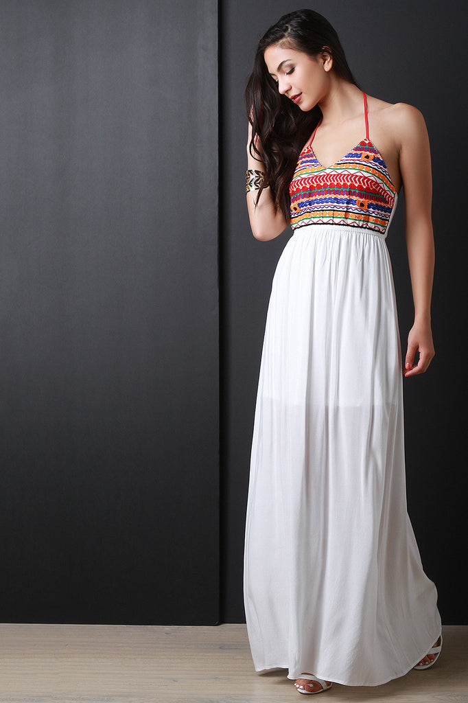 Embroidered Halter Top Maxi Dress