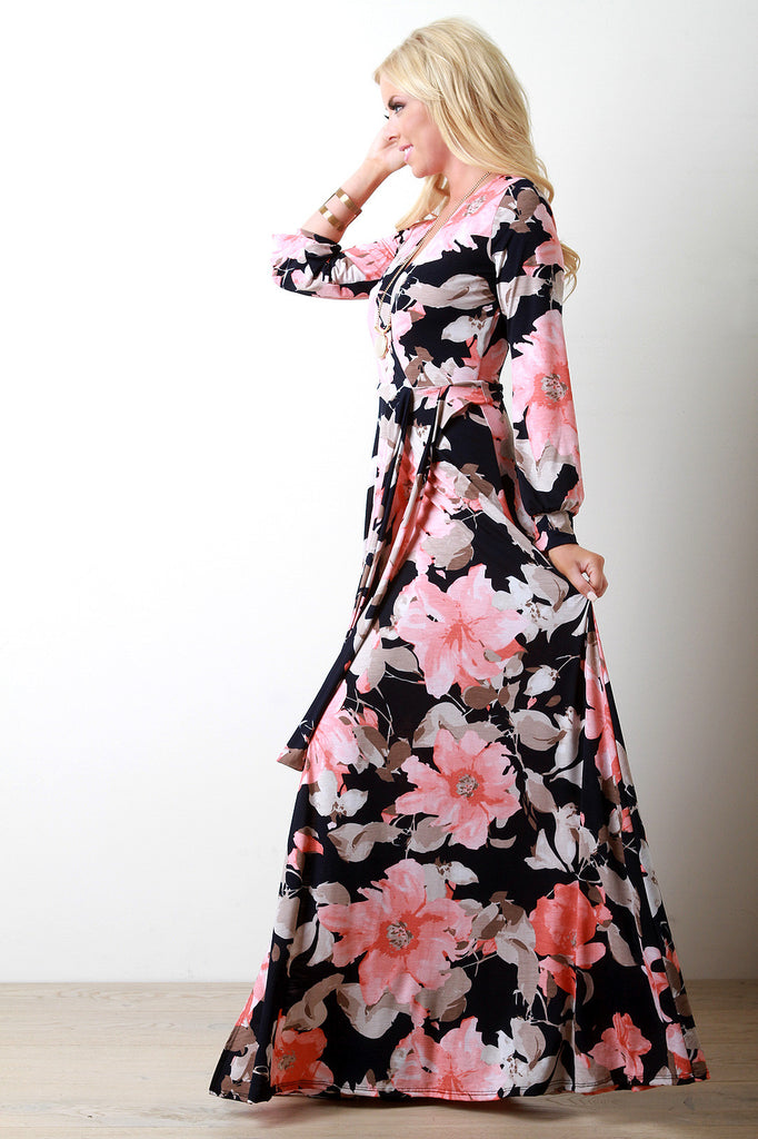 Floral Long Sleeve Maxi Wrap Dress