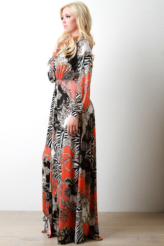 Abstract Chains and Ropes Plunging V High Slit Maxi Dress