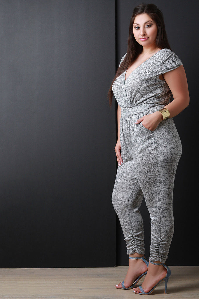 Marled Knit Surplice Ruched Jumpsuit