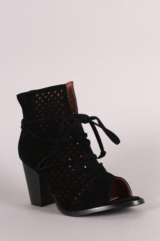 Perforated Suede Slit Lace-Up Chunky Heeled Booties