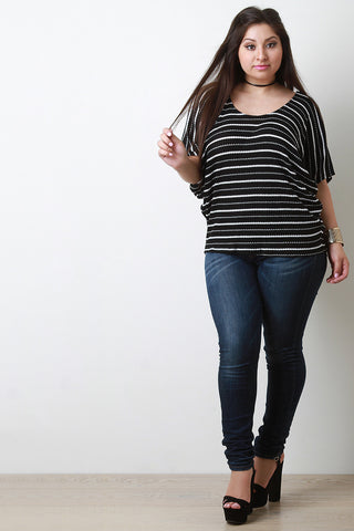 Dolman Sleeve Thermal Knit Striped Top