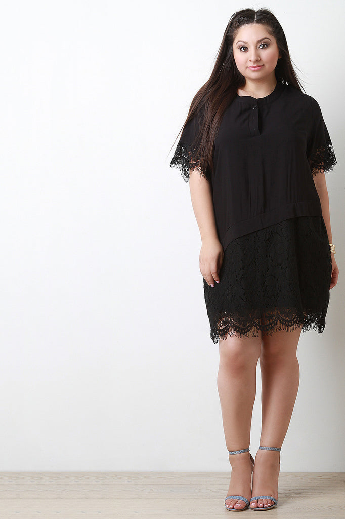 Contrast Solid and Lace Short Sleeve Midi Dress