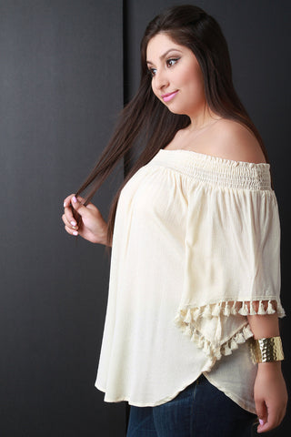 Off-The-Shoulder Tassel Bell Sleeve Blouse Top