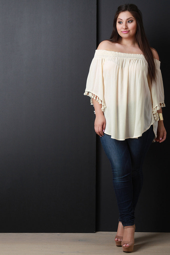 Off-The-Shoulder Tassel Bell Sleeve Blouse Top