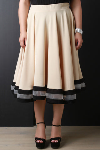 Crinkled Contrast Mesh Hem Circle Midi Skirt