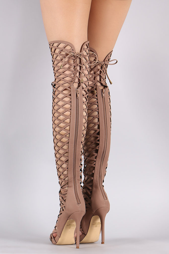 Back Lace-Up Geo Cutout Over-The-Knee Stiletto Boots