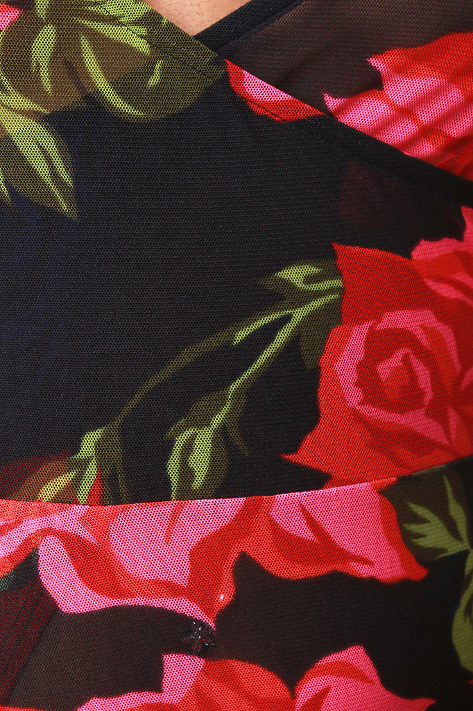Semi-Sheer Roses Deep V High Slit Maxi Dress