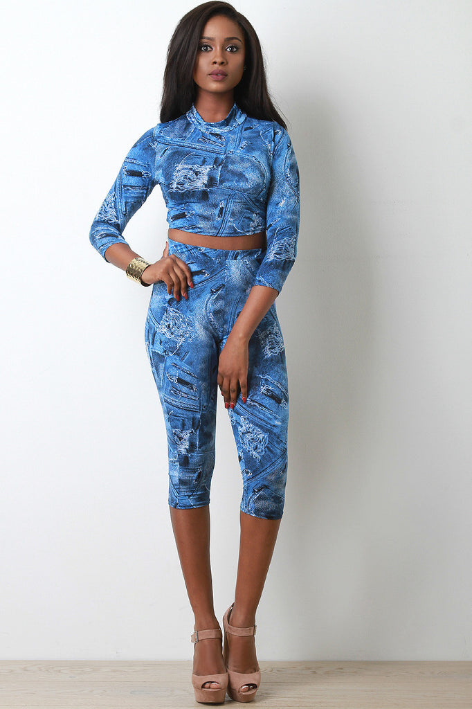 Denim Print High Rise Capris